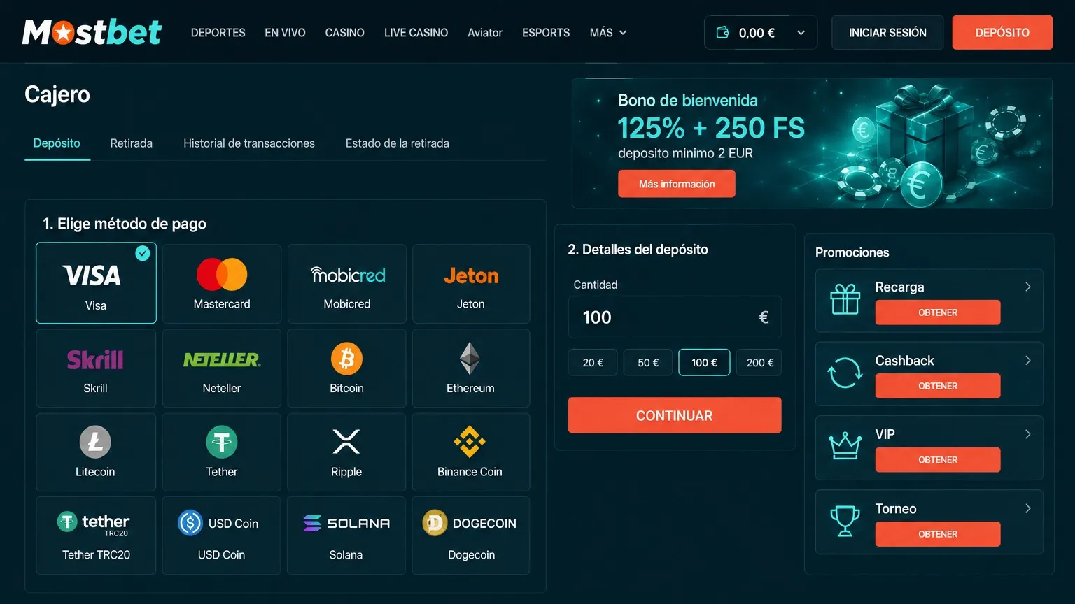 Mostbet online: métodos de pago y retirada en euros